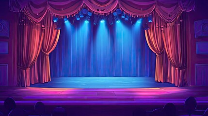 A Stage Lit by Blue Spotlights with Red Curtains