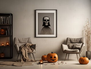 Scandinavian scandi modern minimalist cozy living room interior with fall and halloween decor
