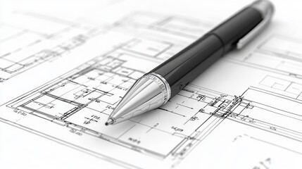 Pen on Architectural Blueprint   Construction  Design  Engineering