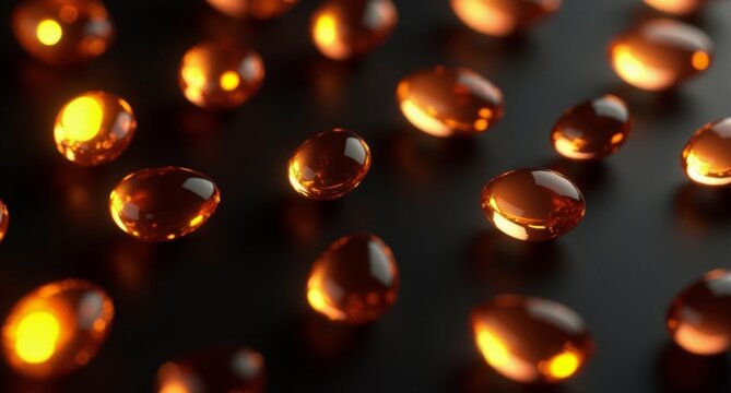 Amber-colored translucent ellipsoids with mirror-like surfaces scattered on a dark background. A detailed 3D render in super HD quality.