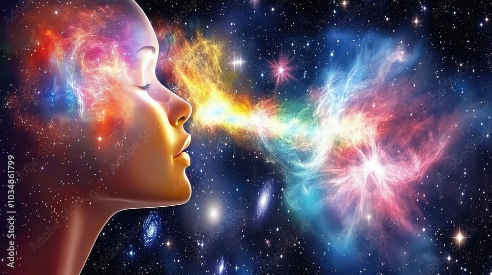 Wall mural a figure of a human breathing into the cosmos, with nebula clouds and galaxies expanding from their 