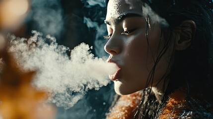 Obraz premium A figure exhaling cosmic dust into a colorful nebula, with swirling stars and galaxies surrounding them in an abstract vision of cosmic consciousness.