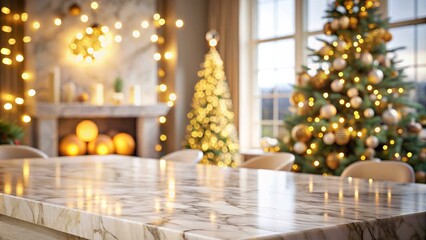 A close-up shot of a marble table top with a blurred background of a fireplace with candles, a Christmas tree and strings of twinkling lights, and a window