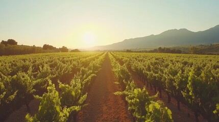 Fototapeta premium Vineyard Rows at Sunset with Mountain View