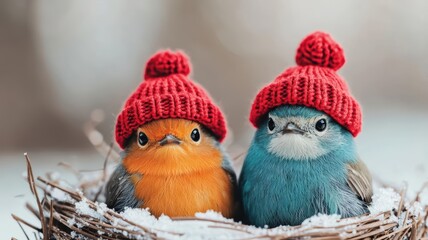 Naklejka premium Christmas baby birds in nest with tiny holiday hats, snowy window view, 3D illustration