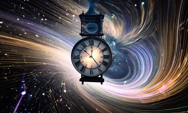 Vintage Clock Floating in Space with Cosmic Background and Swirling Nebulae
