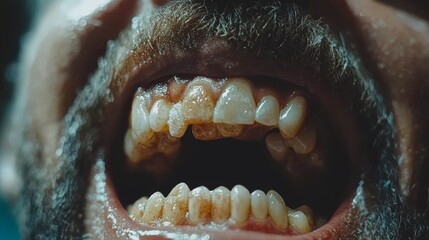 Obraz premium Close Up Of A Man s Open Mouth With Yellow Teeth