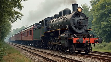 Naklejka premium Vintage steam locomotive traveling through scenic forest landscape