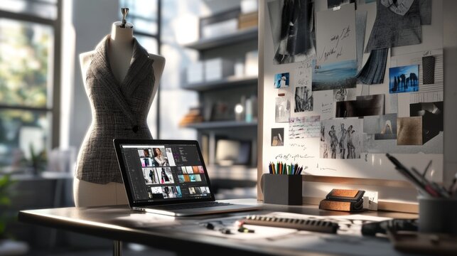 An ultra-detailed, photorealistic high-resolution 8k image of a fashion designer's workspace