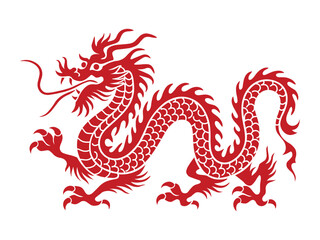 Traditional Red Chinese Dragon Silhouette with Zodiac Symbol and Crawling Details – Celebrating Lunar New Year in Asian Culture