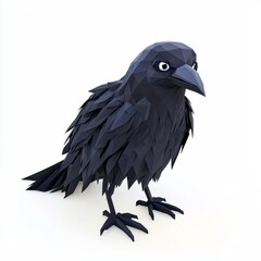 Obraz premium 3D Render, Low Poly style of a spooky raven with dark feathers and piercing eyes, on isolated white background
