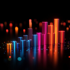 Fototapeta premium A colorful city skyline is displayed on a dark background. The colors are bright and vibrant, creating a sense of energy and excitement. The image is a representation of a futuristic cityscape
