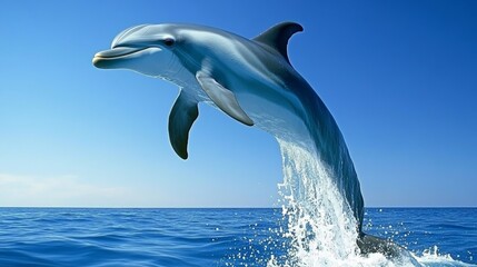 Obraz premium Dolphin Leaping Out of Water with Splash and Blue Sky
