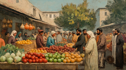 A lively market scene with people purchasing fruits, vegetables, and decorations for their sukkahs, representing the preparations for the Second Day of Sukkot