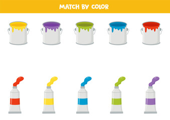 Color matching game for preschool kids. Match paint cans and paint tubes by colors.