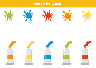 Color matching game for preschool kids. Match paint splashes and paint tubes by colors.
