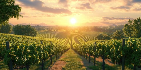 Fototapeta premium Vineyard landscape in a serene setting, Serene vineyard landscape