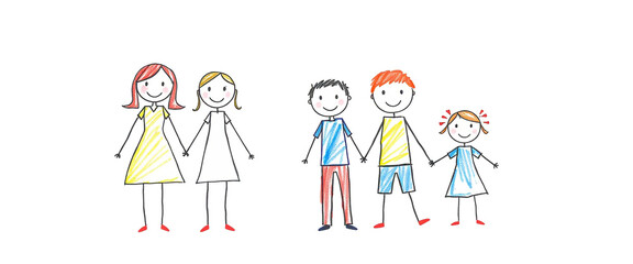 Naklejka premium kid drawing stick figure family holding hands in line doodle style