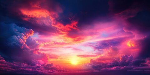 Obraz premium Stunning sunset featuring vibrant clouds in a scenic landscape, Vibrant sunset with colorful clouds over picturesque scenery