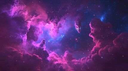 Fototapeta premium Colorful 3D cartoon rendering of a red violet nebula in outer space featuring the horsehead nebula and an unusual nebula in a distant galaxy