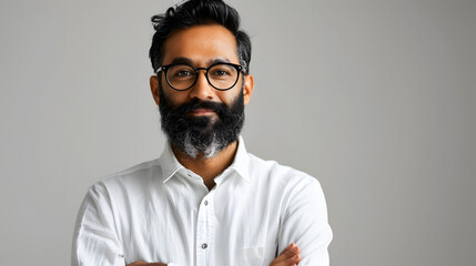 Obraz premium Portrait of indian businessman using laptop computer over gray background