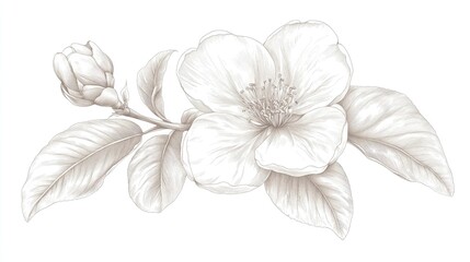 Obraz premium Line art illustration of a decorative quince tropical flower bloom on a white background Hand drawn monochrome watercolor botanical design for weddings cards and invitations in a Japanese style
