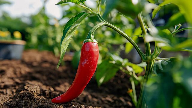 close up red hot chili ripe on tree at farmland plantation, agricultural and food produce concept