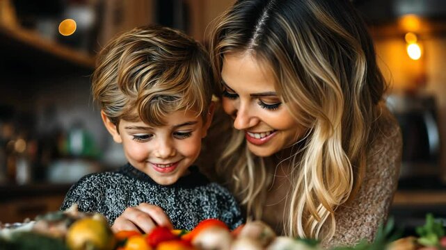 mother and young son cooking together in kitchen with smile and love