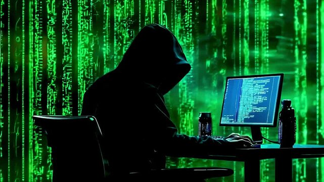 a hacker  sitting in front of  computer  with  green code