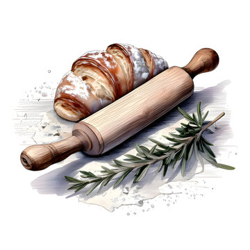 croissant, rolling pin, rosemary on white clip art preview