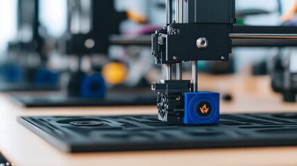 A close up view of 3D printer in action, showcasing intricate details of printing process. vibrant blue cube is being created on black printing surface, highlighting modern technology and innovation