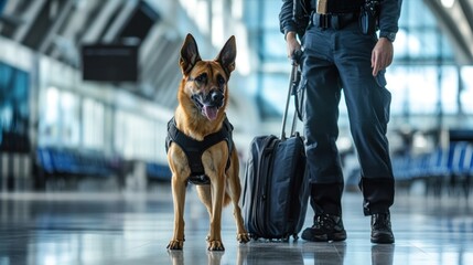 A bomb-detection police dog working in an airport, scanning luggage and areas for explosives, with its handler guiding the dog through the inspection