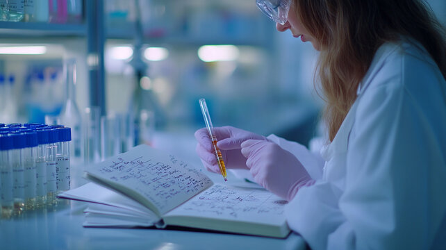 A scientist conducts research and records findings in a laboratory during the day