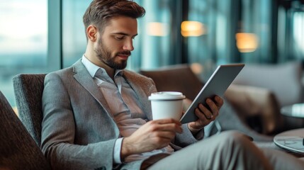 A businessman relaxing in an airport lounge, sipping coffee while reviewing documents on his tablet, creating a moment of calm during travel