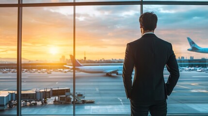 A businessman standing by an airport window, dressed in formal attire, looking out at the runway as planes prepare for takeoff, representing the essence of business travel