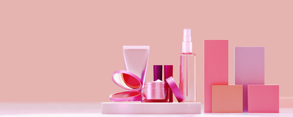 Cosmetic set cream serum lotion compact foundation and box 3D rendering
