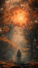 Enchanted Autumn Forest: A Man Stands in the Glow of the Golden Hour