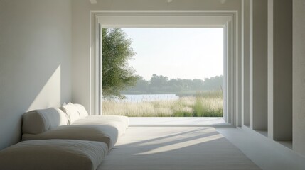 3D rendering of a white living room featuring a sofa and a summer landscape visible through the window showcasing Scandinavian interior design