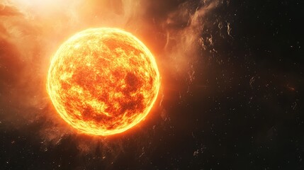 Bright and hot orange sun on a black space background in a 3D cartoon rendering