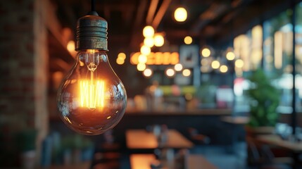 Interior view of a restaurant featuring a decorative light bulb