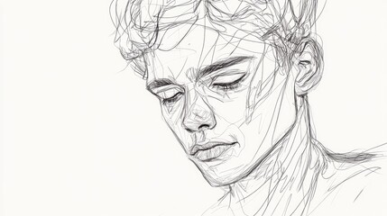 Continuous line drawing of a contemplative young man A serious and grim expression reflects a goal oriented and focused individual