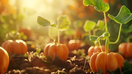 A cute animation of pumpkin growing on their stems and enjoy sunlight