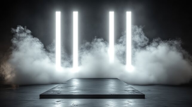 Empty stage with directional white light on a transparent background featuring floating smoke ideal for product demonstrations