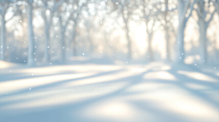 A serene winter landscape with soft snow covering ground, illuminated by gentle sunlight filtering through trees. scene evokes peaceful and tranquil atmosphere