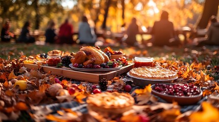 Family and friends enjoying a Thanksgiving picnic in a park, a blanket covered with traditional dishes like turkey and pies, surrounded by fallen autumn leaves, warm sunlight creating a golden glow,