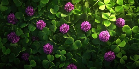 A cluster of purple clover blossoms set against a backdrop of green foliage, Purple clover flowers surrounded by green leaves