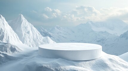 Abstract 3D rendered winter scene featuring an icy podium on a snow covered mountain designed for showcasing cosmetic beauty products or skincare in an empty round format