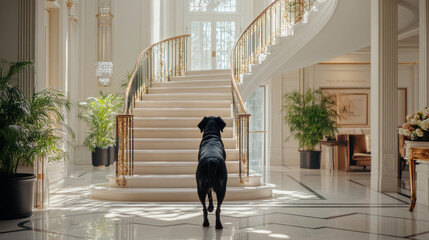 A black dog stands at base of an elegant staircase, gazing up in luxurious interior filled with natural light and greenery. atmosphere is serene and inviting