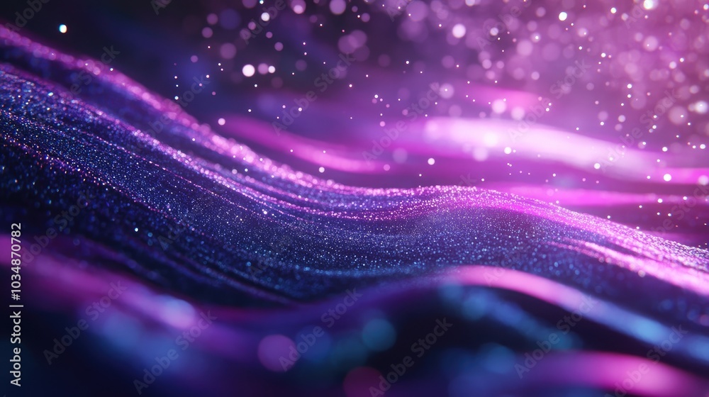 Poster flowing particle stream on a vibrant purple backdrop filled with luminous particles abstract design 