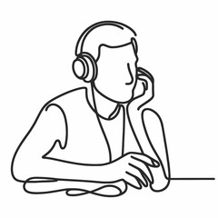 Person listening to music on headphones in line drawing.